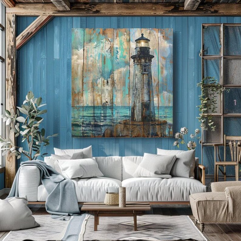 Lighthouse on Aqua Distressed Weathered Canvas Wall Art Prints, Rustic ...