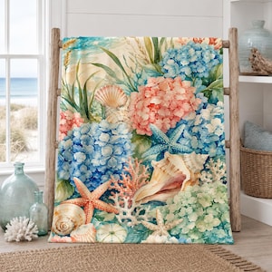 Hydrangea Shell Velveteen Blanket, Coastal Floral Throw, Coral Starfish Gift, Beach Cottage Room Decor