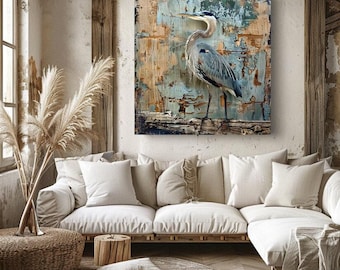 Weathered Rustic Blue Heron Canvas Wall Art Prints, Coastal Beach House Wall Decor, Distressed Coastal Art, Great Blue Heron Wall Art,
