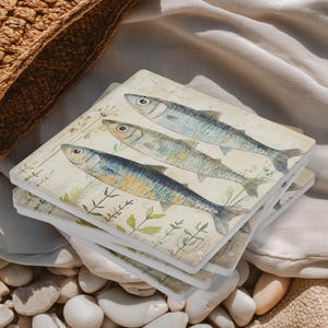 Rustic Sardine Fish Coasters Set of 4, Ocean Kitchen Stone Coasters, Coastal Home Accent, Nautical Coffee Table Decor, Gift For Beach Lover