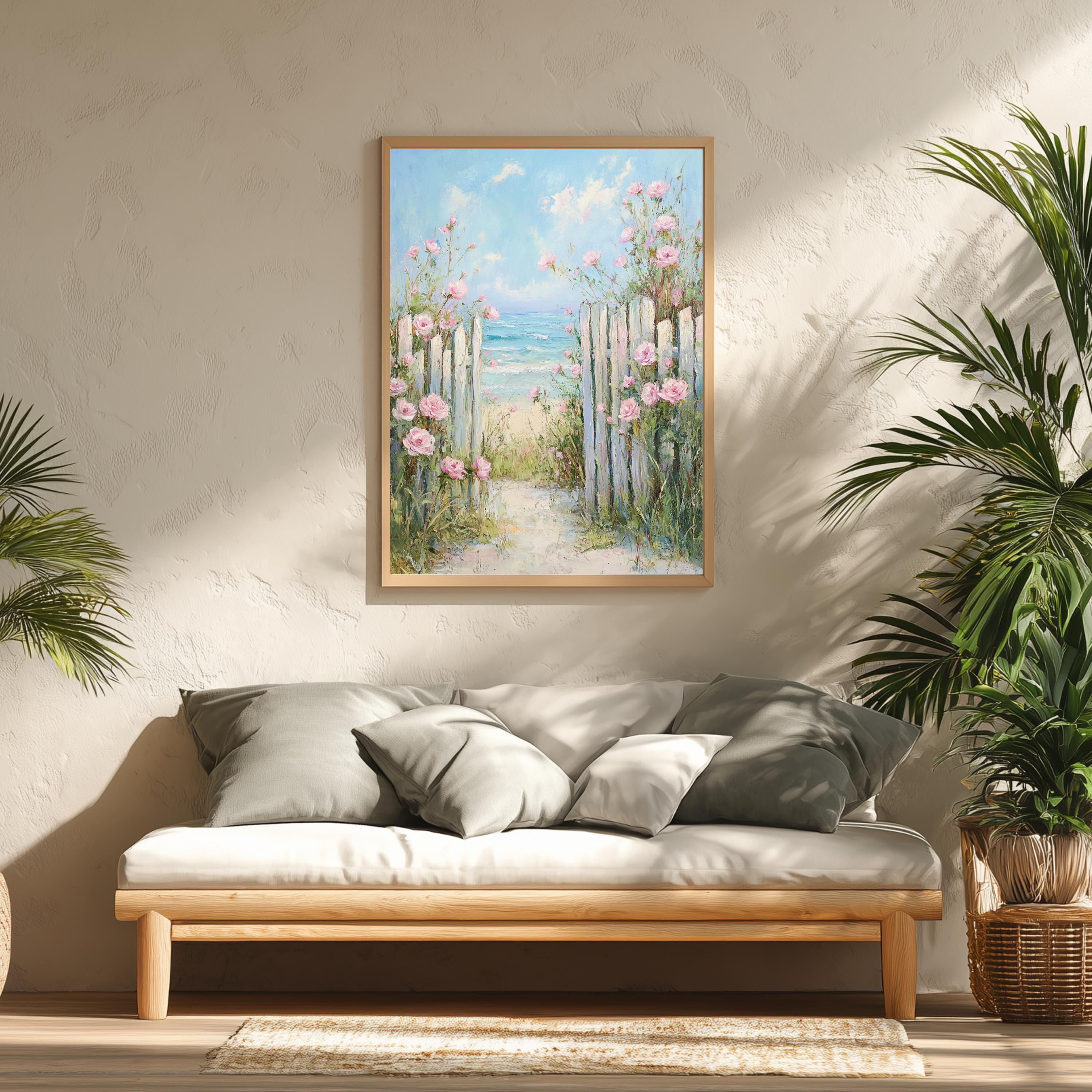 Rose Garden Beach Path Wall Art, Floral Seaside Framed Canvas, Romantic ...