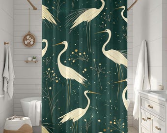 Crane Bird Shower Curtain, 71x74 Elegant Japanese Inspired Bathroom Decor, Dark Green Heron Print, Botanical Bird Bath Curtain