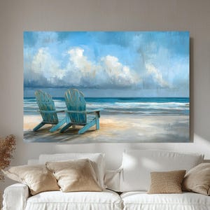 Beach Chairs Wall Art, Coastal Ocean View Print, Serene Shoreline Painting, Relaxing Seaside Decor, Beach House Wall Decor