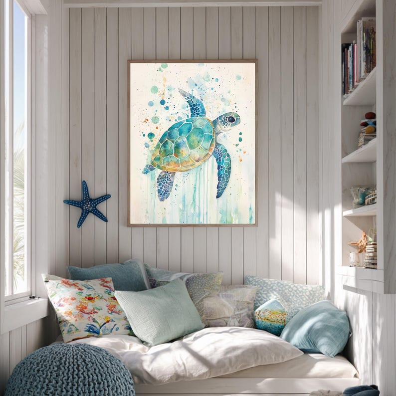 Watercolor Sea Turtle Wall Art, Coastal Sea Life Print, Ocean Wildlife Painting Canvas, Beach House Marine Decor, Turtle Lover Gift image 7