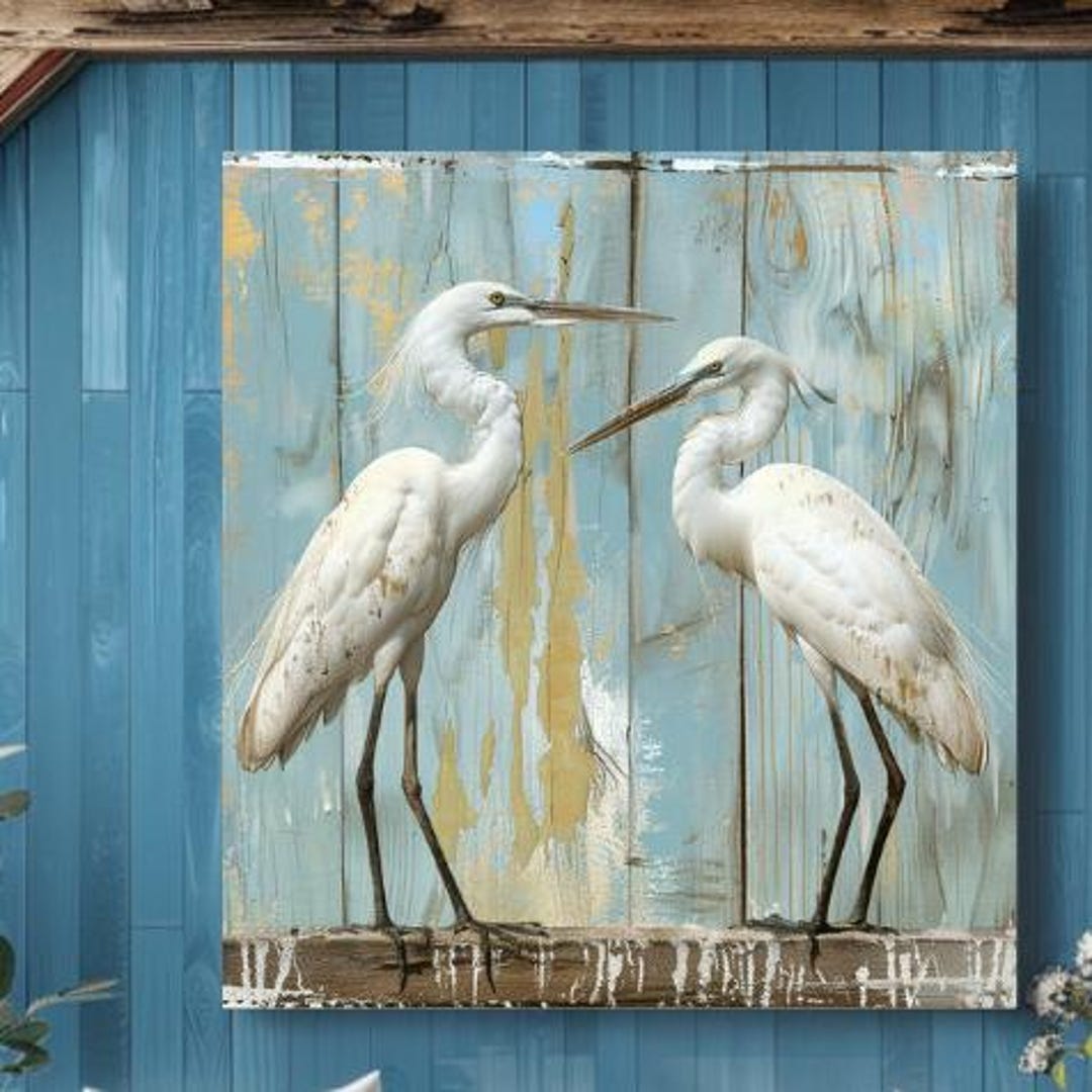 Pair of White Egrets on Weathered Wood Canvas Wall Art Print, Egret ...