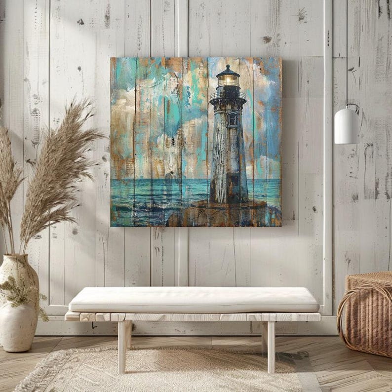 Lighthouse on Aqua Distressed Weathered Canvas Wall Art Prints, Rustic ...