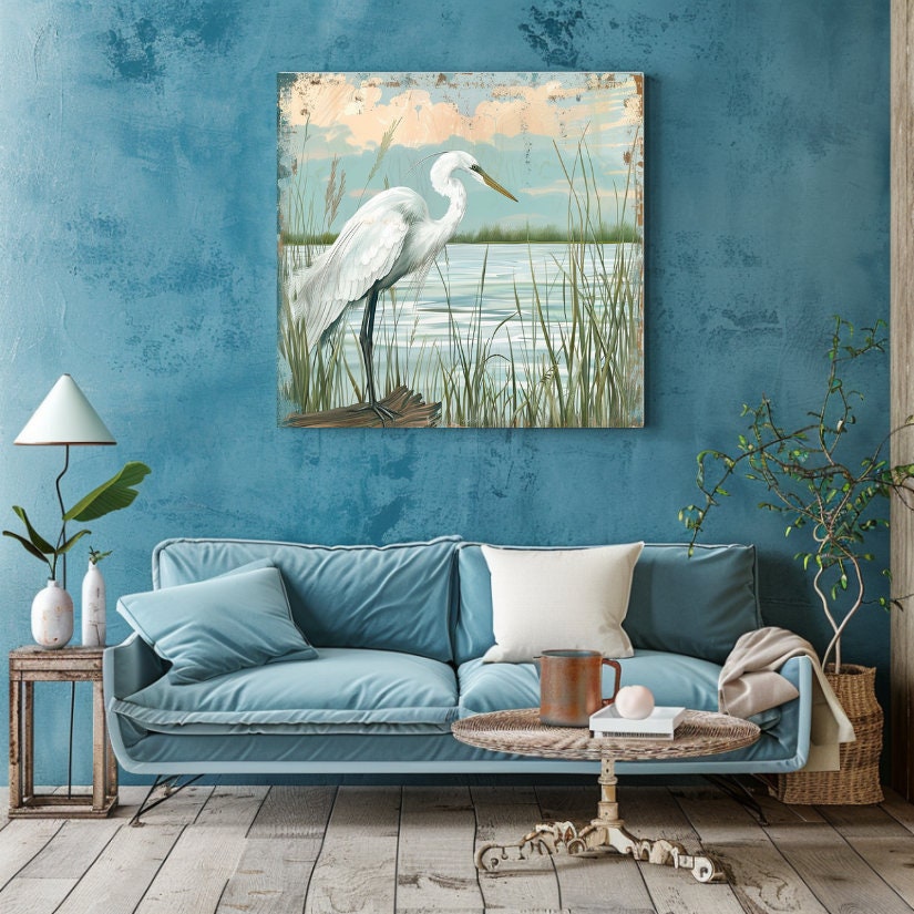 White Egret Coastal Canvas Wall Art, Nautical Wall Art, Large Nature ...
