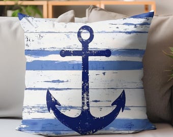Nautical Anchor Pillow Cover, Coastal-Inspired Cushion, Blue Striped Throw Pillow, Square Pillow Case, Beach House Decor