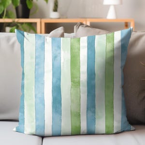 Ocean Breeze Pillow, Coastal Stripe Cushion Cover, Beachy Home Accent, Soft Watercolor Design, Ocean Inspired Throw Pillow