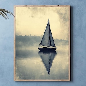 Vintage Sailboat Frame Canvas, Ocean Wall Art, Natural Wood Framed Wall Art, Bedroom Decor, Coastal Wooden Framed Canvas, Beach House Decor