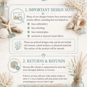 The image is a detailed guide to coastal wall art and decor, featuring text and illustrations related to the design and returns process.