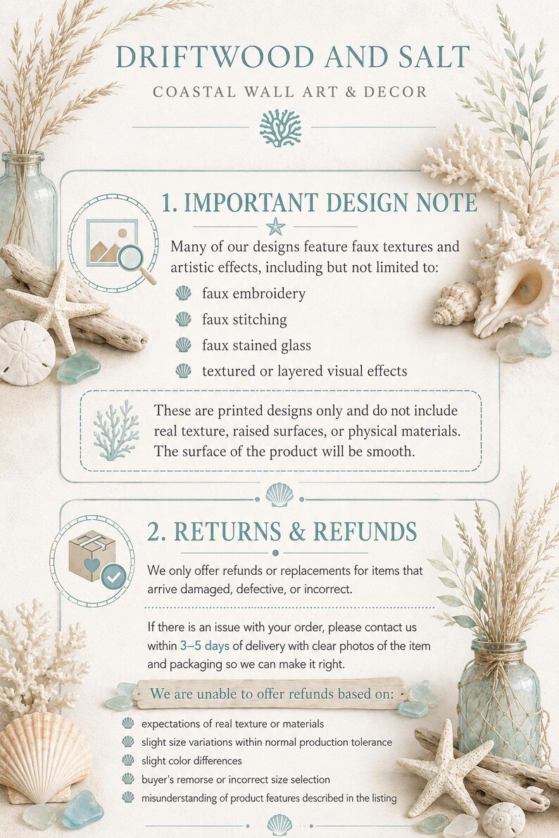 The image is a detailed guide to coastal wall art and decor, featuring text and illustrations related to the design and returns process.