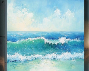 Cuadro de olas de playa en lienzo, decoración de pared costera, arte de olas marinas, lámina oceánica para casa de playa, arte de pared de olas del océano, arte para el hogar costero