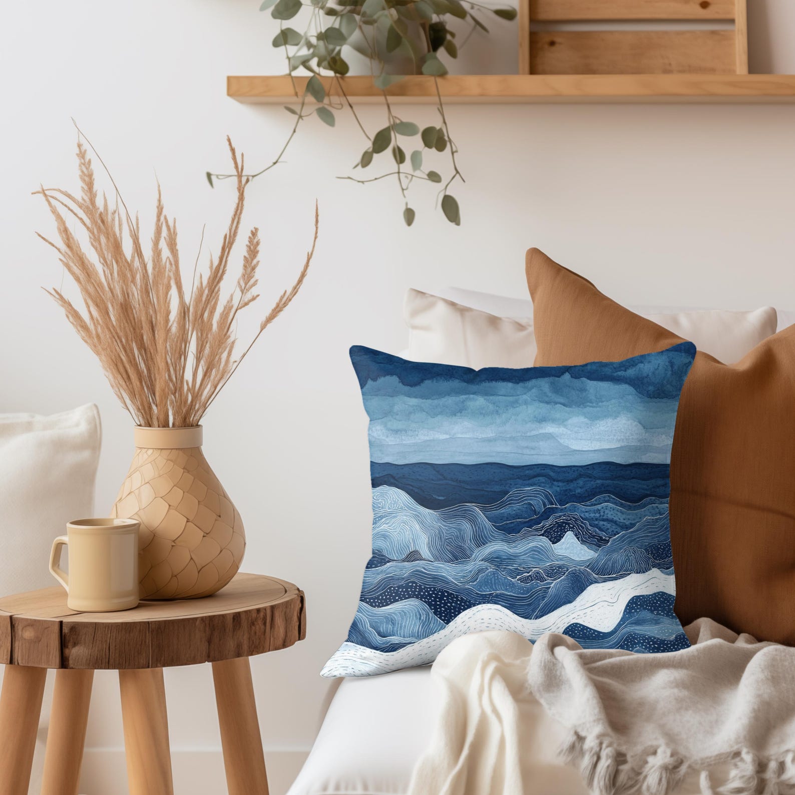 Abstract Wave Pillow, Blue Wave Cushion Cover, Coastal Sea Life Throw Pillow, Beach House Decor, Seaside Home Accent - Pillow, 18 x 18 inches