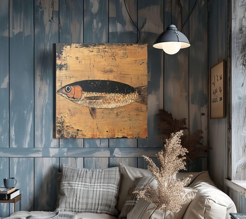 Rustic Sardine Canvas Wall Art, Coastal-Inspired Marine Life Prints, Nautical Fish Artwork Beach House Decor, Fishing Wall Hanging Art image 6