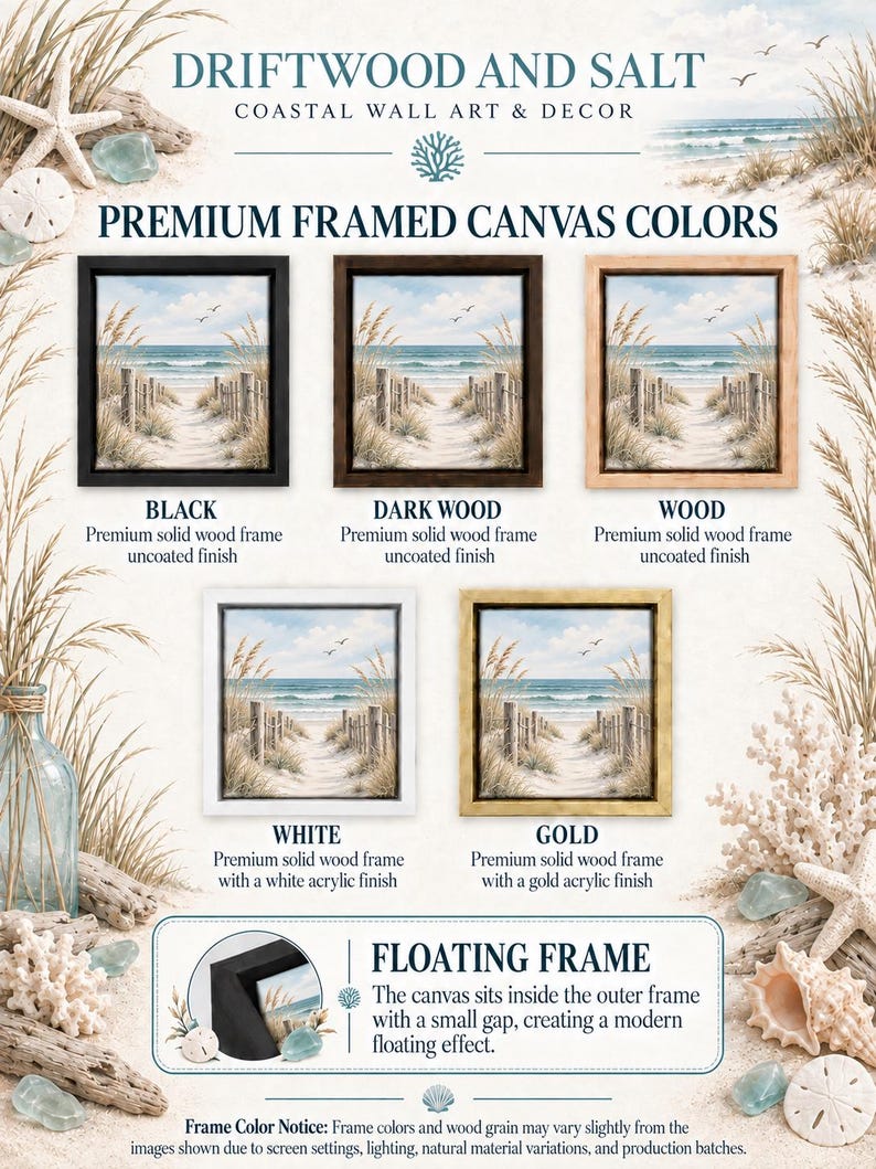 The image is a promotional poster for a collection of premium framed canvas colors, including black, dark wood, wood, white, gold, and floating frames. The poster highlights the different frame colors and wood grain variations available for the canvas, emphasizing the modern floating effect created by the frame.
