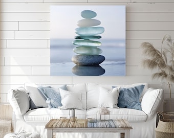 Zen Stacked Beach Glass Canvas Art, Tranquil Coastal Wall Decor, Minimalist Zen Stones Print, Meditation Room Wall Art
