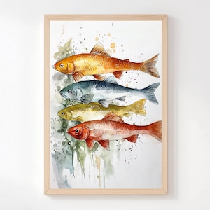 Quadro murale con pesci acquerellati, tela con fila di pesci costieri, dipinto nautico colorato, arredamento moderno con oceano, regalo ideale per la casa al mare