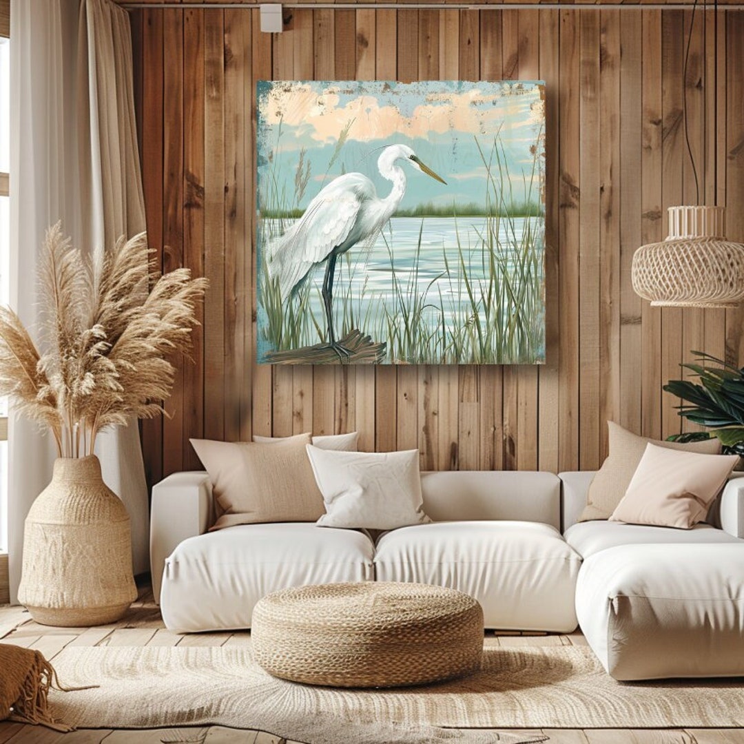White Egret Coastal Canvas Wall Art, Nautical Wall Art, Large Nature ...
