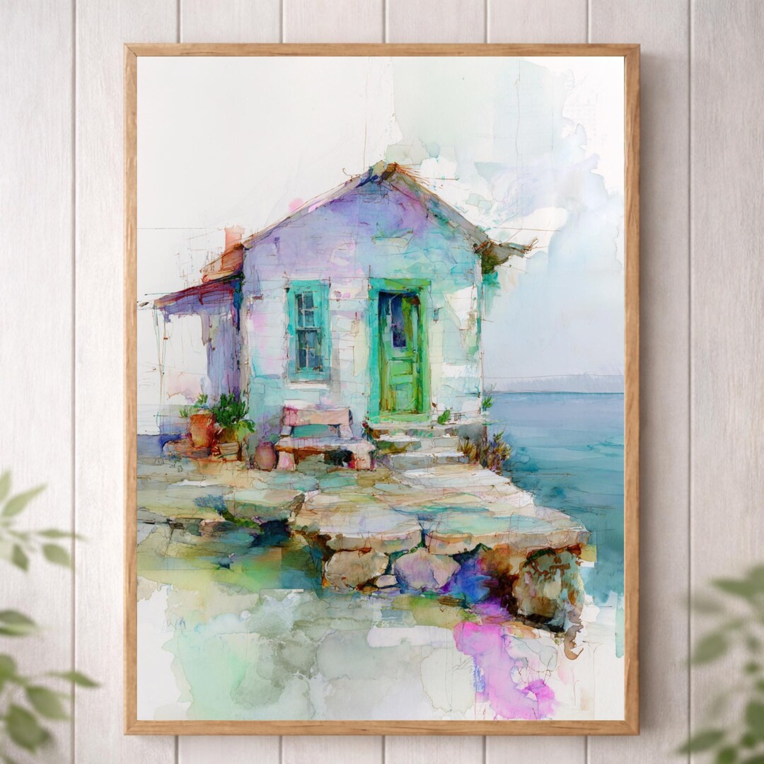 Coastal Cottage Wall Art, Expressive Watercolor Ocean House Print ...