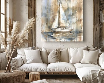 Quadro decorativo em tela com veleiro em tons neutros, estilo costeiro, impressão em madeira desgastada, decoração de parede com temática litorânea, arte náutica para sala de estar, presente para a avó