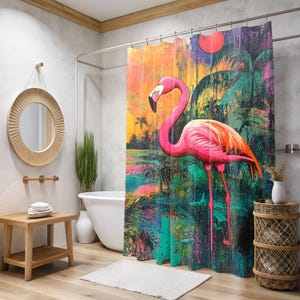 Flamingo Duschvorhang, tropisches Flamingo Badezimmer Dekor, lebendiges Flamingo Design, tropischer Duschvorhang