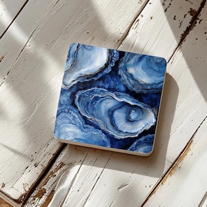 Indigo Sea Oysters Coastal Coasters Set of 4, Nautical Kitchen Coasters, Cocktails Coasters, Square Stone Coaster, Coffee Table Coasters