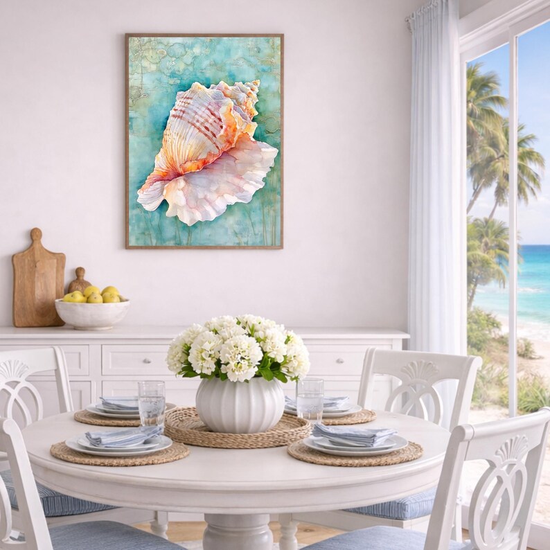 Conch Shell Coastal Wall Art Print, Soft Ocean Inspired Canvas Decor ...