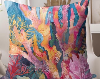 Funda de almohada con estampado de arrecifes de coral vibrantes, cojín decorativo inspirado en el océano, decoración costera para el hogar, funda de almohada cuadrada, cojín para casa de playa.
