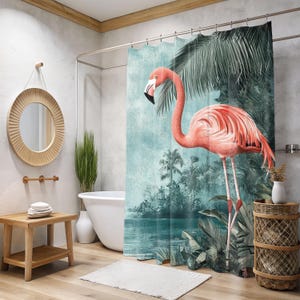 Tropischer Flamingo Duschvorhang, Flamingo Badezimmer Dekor, lebhaftes Flamingo Design, tropischer Duschvorhang