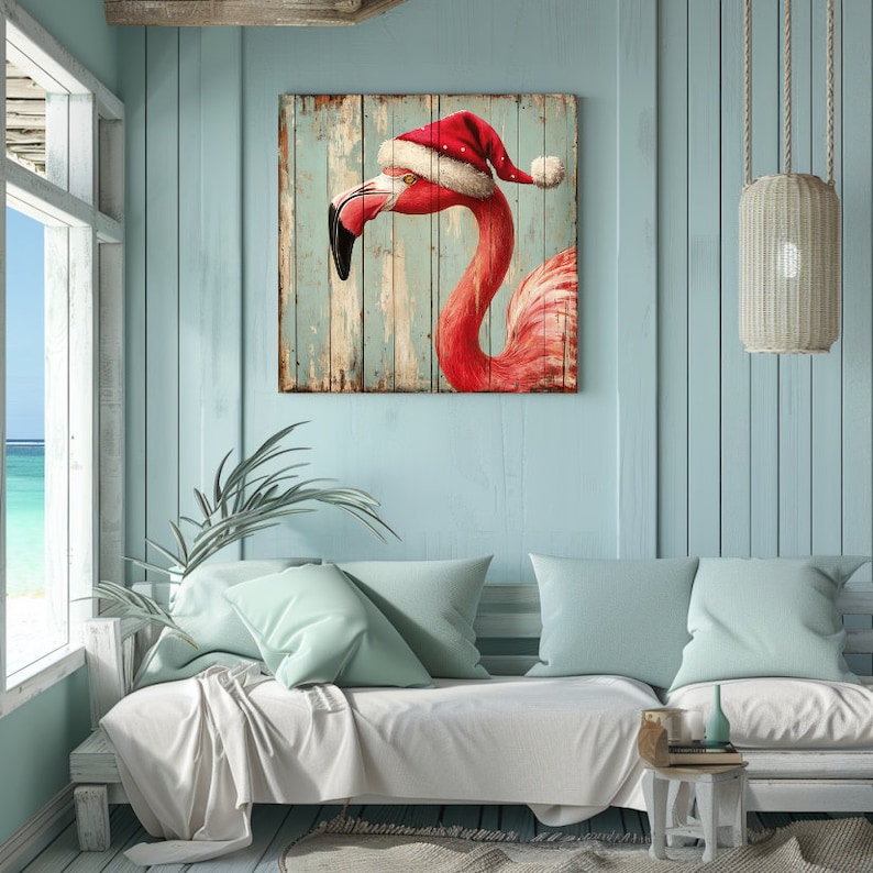 Christmas Beach Flamingo Wall Art, Nautical Wall Art, Extra Large Wall