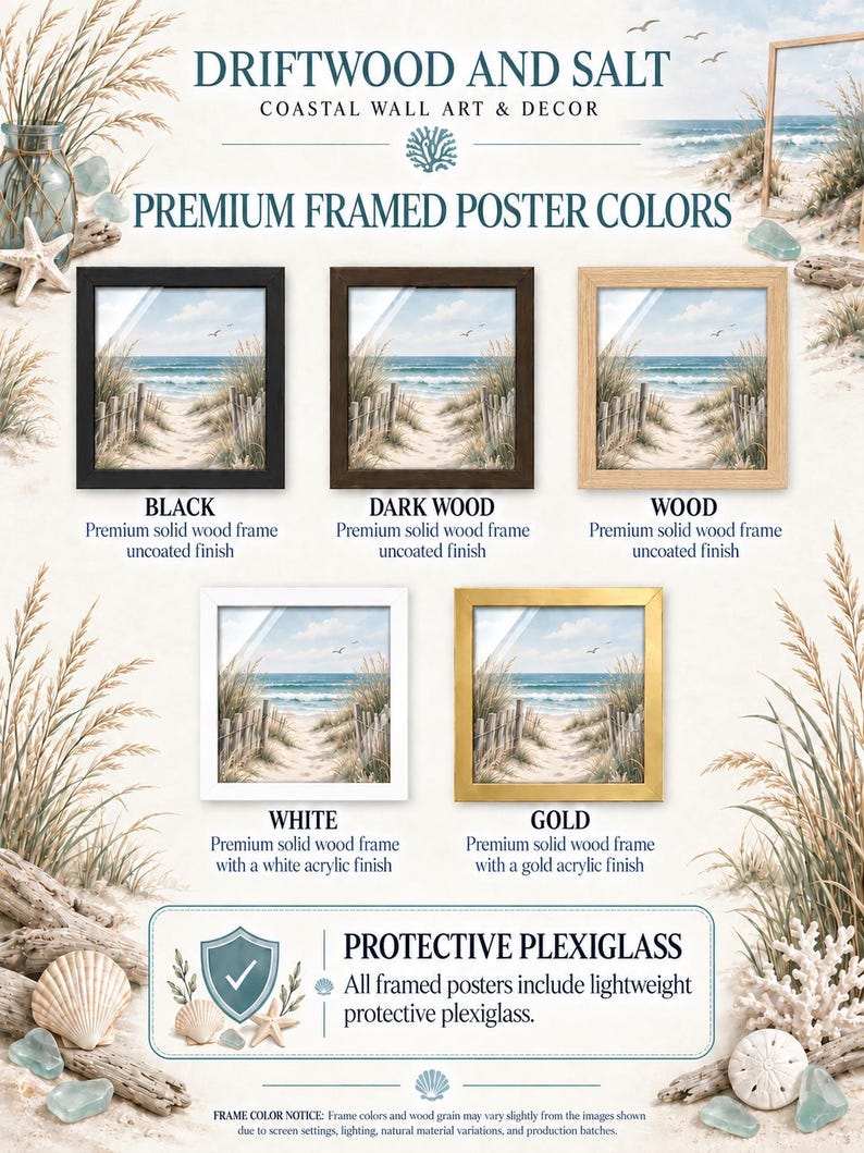 The image is a promotional poster for Driftwood and Salt Coastal Wall Art & Decor, featuring a variety of premium framed poster colors and a protective plexiglass finish.