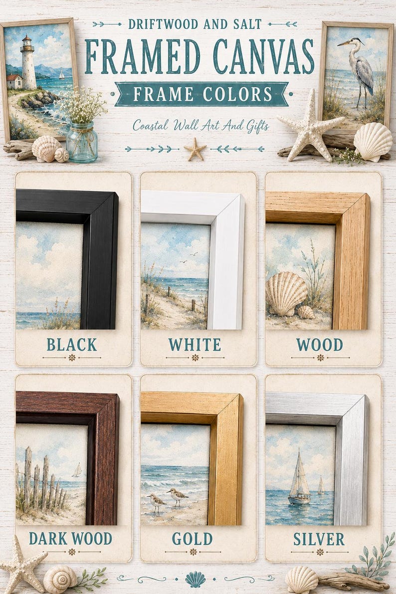 The image is a collage of six framed canvas paintings, each with a different frame color, arranged in a grid format. The paintings depict various coastal scenes, including a lighthouse, a bird, a sailboat, and a beach. The frame colors are black, white, wood, gold, and silver.