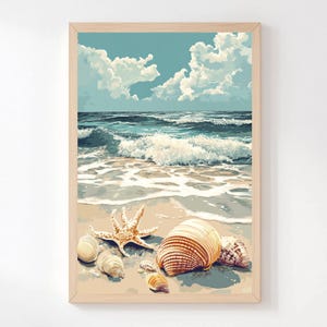 Seashell Beach Wall Art, Coastal Ocean Shore Canvas, Starfish and Shells Sea Painting, Nautical Summer Decor, Best Gift for Beach Lovers