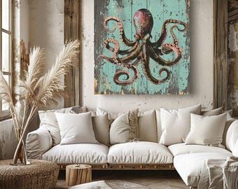 Octopus on Aqua Weathered Wood Canvas Wall Art Prints, Distressed Aqua Octopus Canvas, Beach Theme Octopus Wall Art, Coastal Wall Art