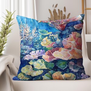 Coral Reef Watercolor Pillow Cover, Oceanic Throw Cushion, Square Pillow Case, Seaside Living Room Decor, Beach House Accent Pillow