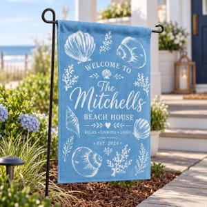 May include: A rectangular blue garden flag featuring white line art of various seashells and coral. The text reads: WELCOME TO The Mitchells BEACH HOUSE, RELAX UNWIND ENJOY, EST. 2024. The flag is suspended from a black metal garden flag stand.