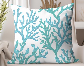 Funda de almohada con diseño de arrecife de coral, cojín decorativo inspirado en el océano, decoración costera para el hogar, funda de almohada cuadrada, cojín para casa de playa, regalo para amantes del océano.