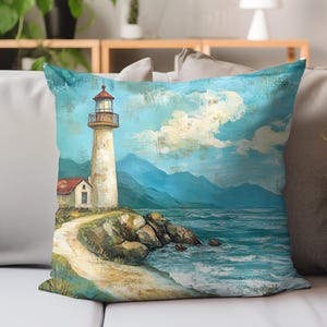 Lighthouse Art Pillow Cover, Nautical Scene Throw Cushion, Square Pillow Case, Seaside Home Decor, Coastal Home Accent Pillows