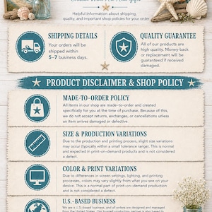 The image is a shipping and shop policy document that provides information about the company's shipping and shop policies. It includes icons and text to guide customers in understanding the policies, such as shipping details, product disclaimer, and shop policy.