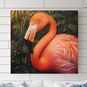 Tropical Pink Flamingo Canvas Wall Art Prints, Exotic Bird Jungle Wall Decor, Vibrant Flamingo Painting, Coastal Beach Home Accent