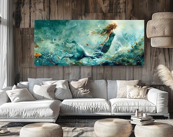 Mermaid Watercolor Canvas Wall Art Prints, Panoramic Wall Art, Mermaid Decor, Coastal Beach House Decor, Colorful Mermaid Art Large Canvas
