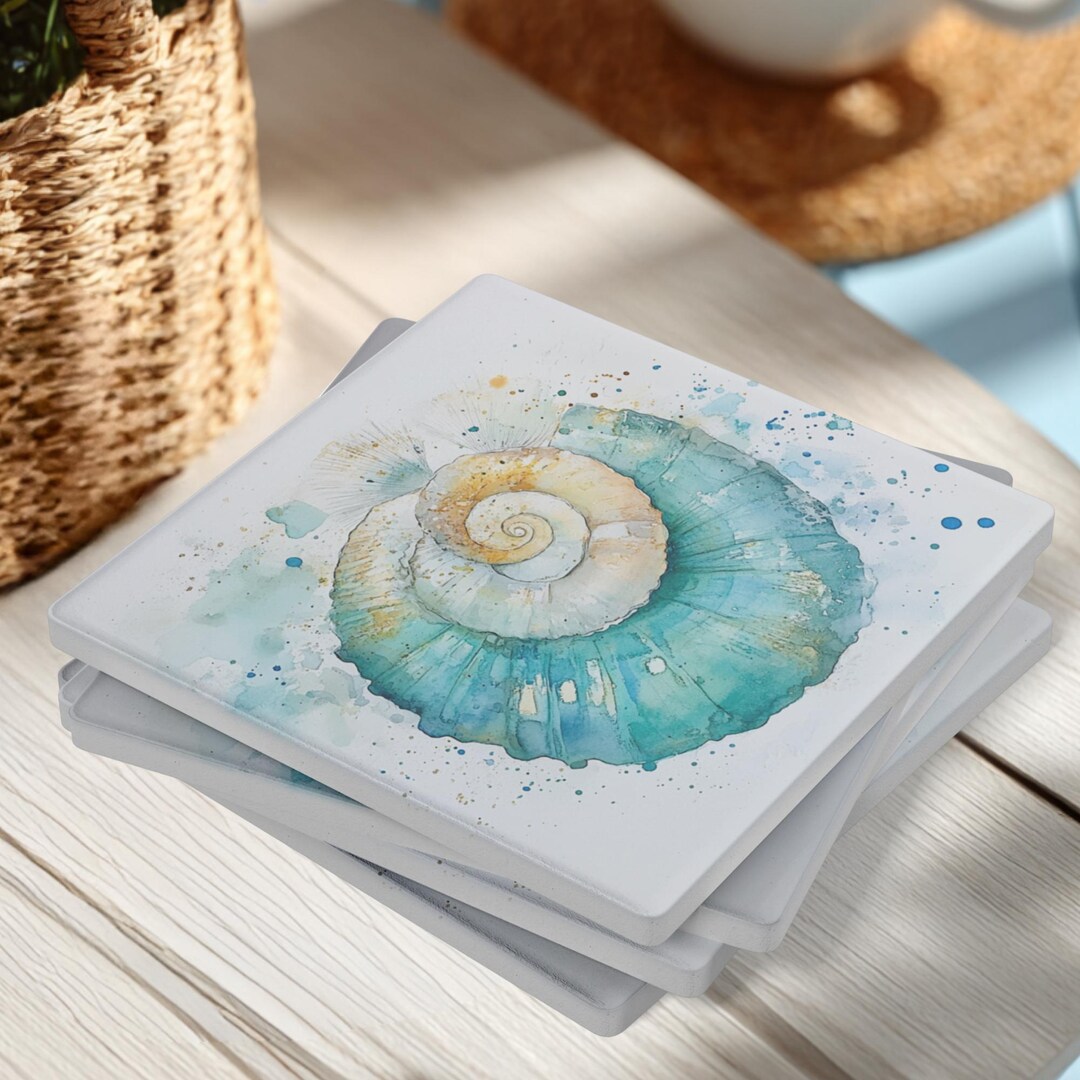 Shell Coaster Design Set of 4 Spiral Shell Coasters, Seashell Coastal Decor, Ocean Stone ...