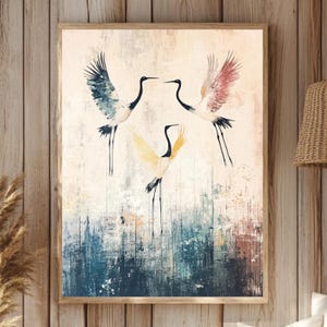 Rustic Cranes Bird Wall Art, Coastal Wildlife Print, Nature-Inspired Canvas Decor, Wooden Framed Bird Canvas, Portrait Crane Wall Canvas