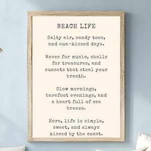 Beach Life Quote Wooden Framed Canvas Art, Coastal Wall Decor Beach Saying, Rustic Nautical Print, Seaside Quote Art, Ocean-Inspired Canvas
