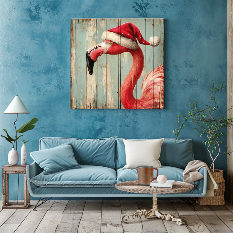 Christmas Beach Flamingo Wall Art, Nautical Wall Art, Extra Large Wall