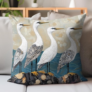 Shorebird Pillow, Coastal Heron Cushion Cover, Beach Inspired Throw Pillow, Seaside Decor, Ocean Bird Art Pillow, Coastal Home Accent