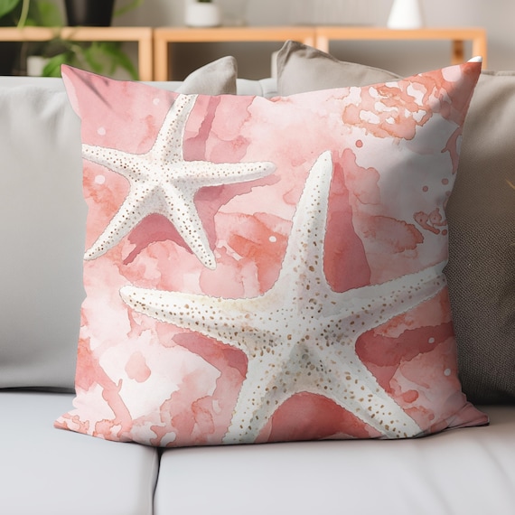 Watercolor White Starfish Throw Pillow, Coral Peach Background