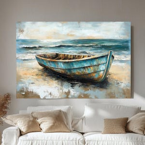 Rustic Boat Canvas Wall Art, Coastal Shore Painting, Weathered Aqua Rowboat Print, Serene Ocean Landscape Decor, Beach House Accent