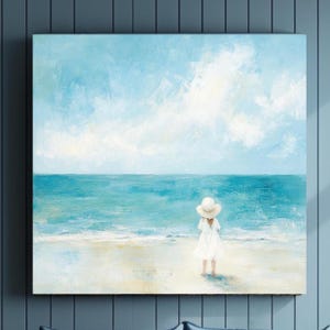 Shoreline Beach Canvas Wall Art, Child at the Beach Print, Seaside Decor, Coastal Wall Hanging, Nautical Kids Room Decor, Ocean-Inspired Art